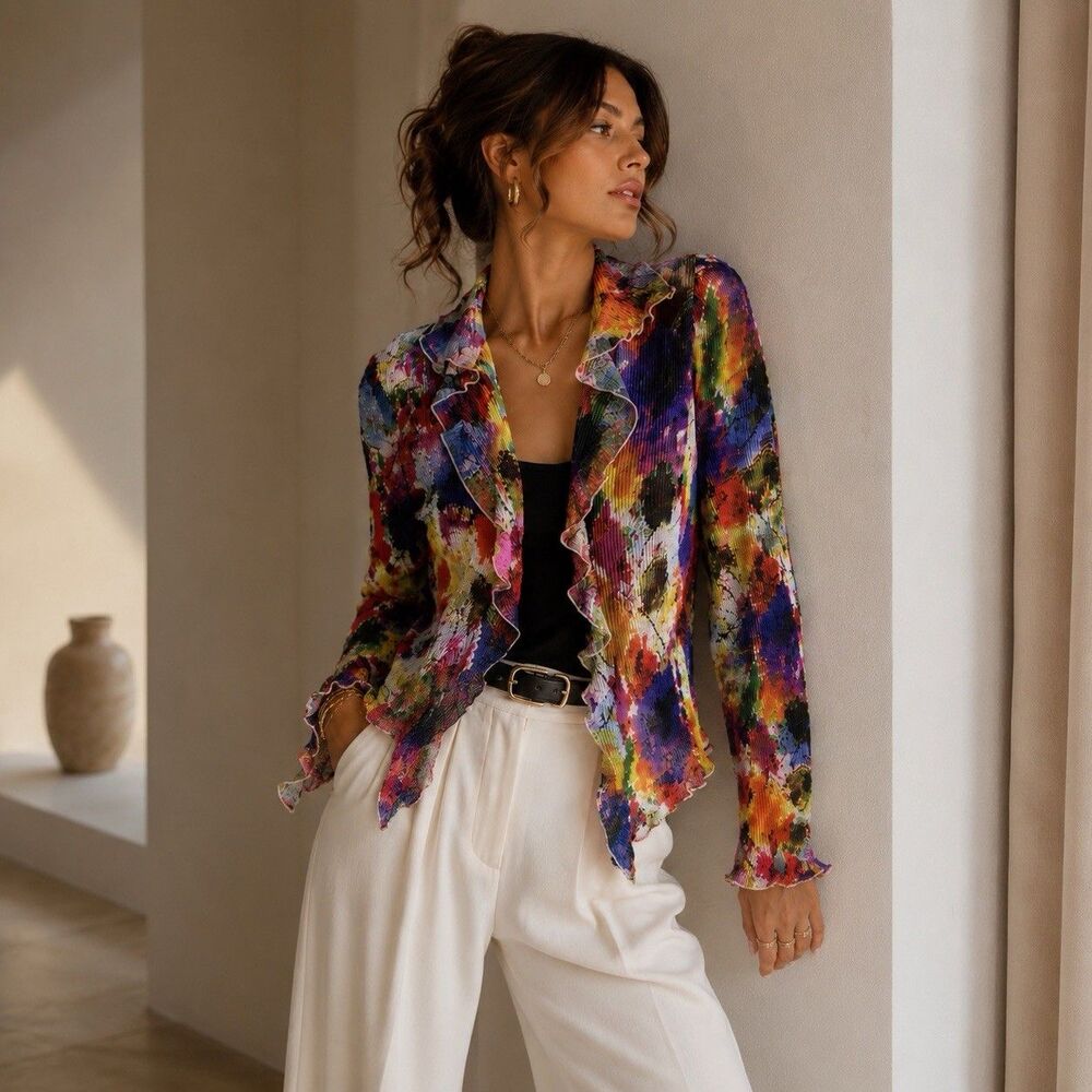 CAELIANN Pleated Stretch Open Front Cropped Printed Jacket Bright Multicolor M
